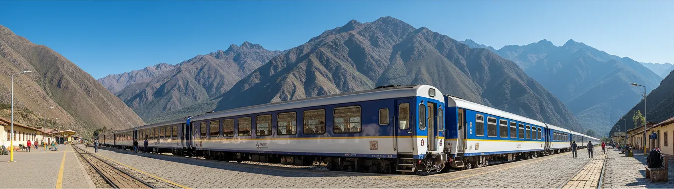 Tren panorámico en la estación de Ollantaytambo, en el Valle Sagrado