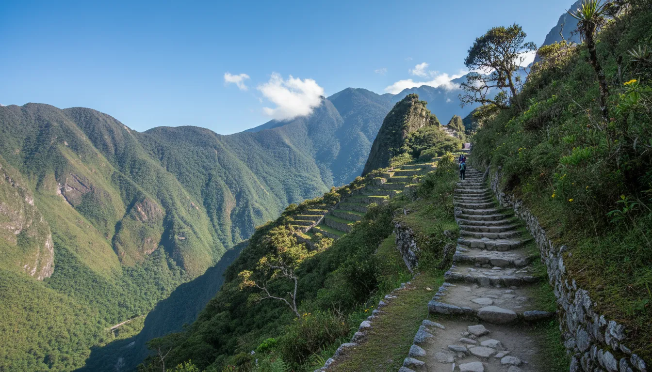 Escalones del Camino Inca entre montañas de bosque nublado