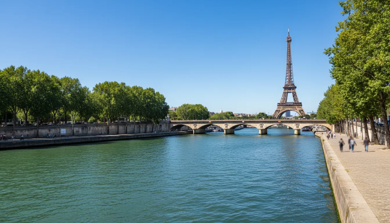 Orillas del Sena en París con la torre Eiffel al fondo