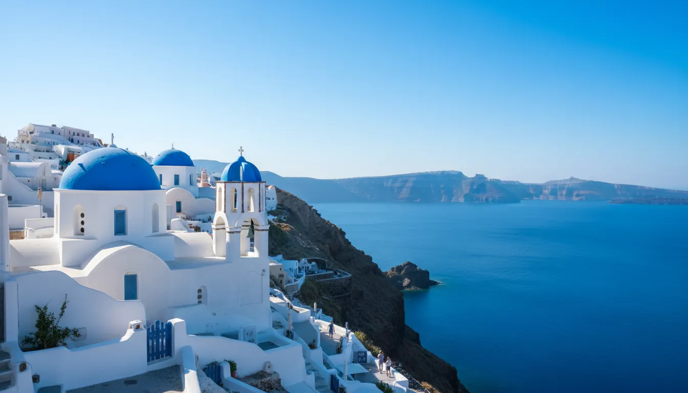 Casas blancas y cúpulas azules en Santorini