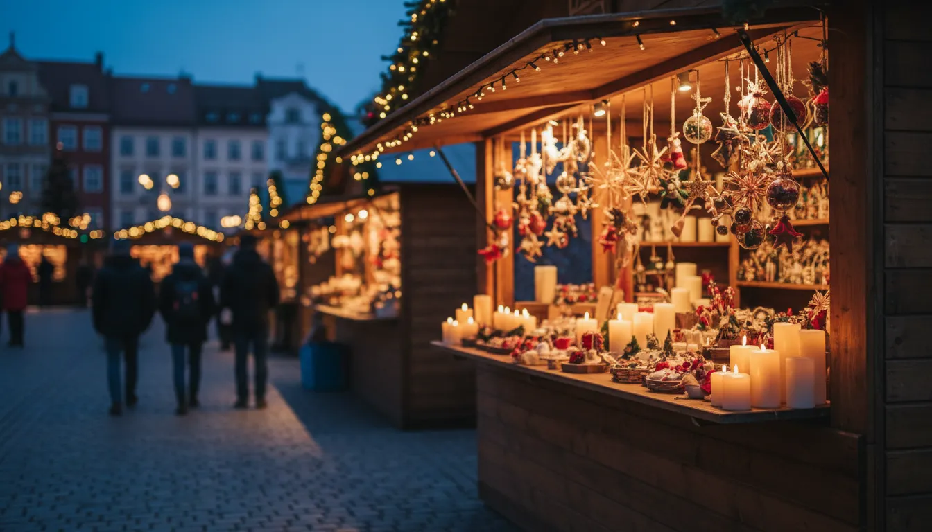 Puesto de adornos navideños en un mercado europeo