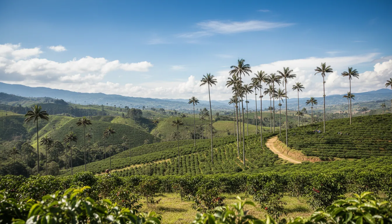Paisaje cafetero de Colombia con palmas de cera