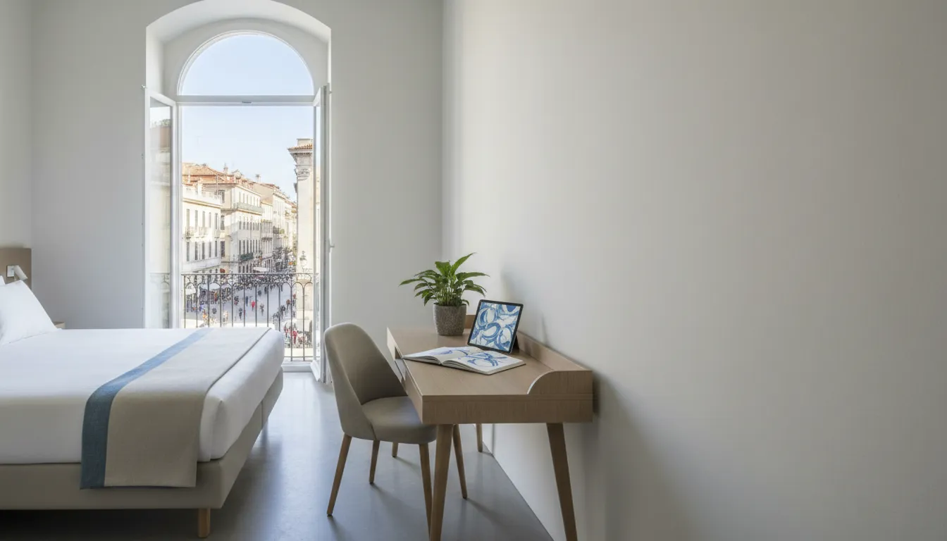 Habitación de hotel sencilla en una ciudad europea