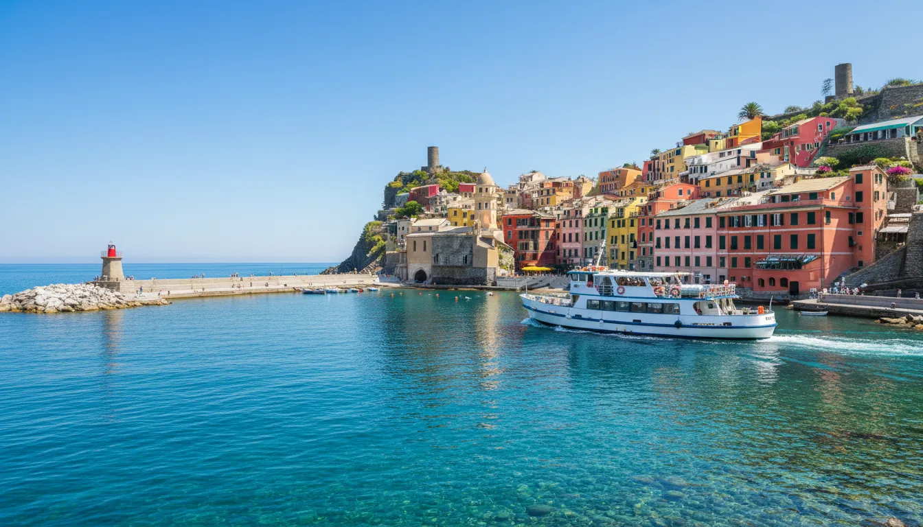 Ferry llegando a un pueblo de la costa de Liguria