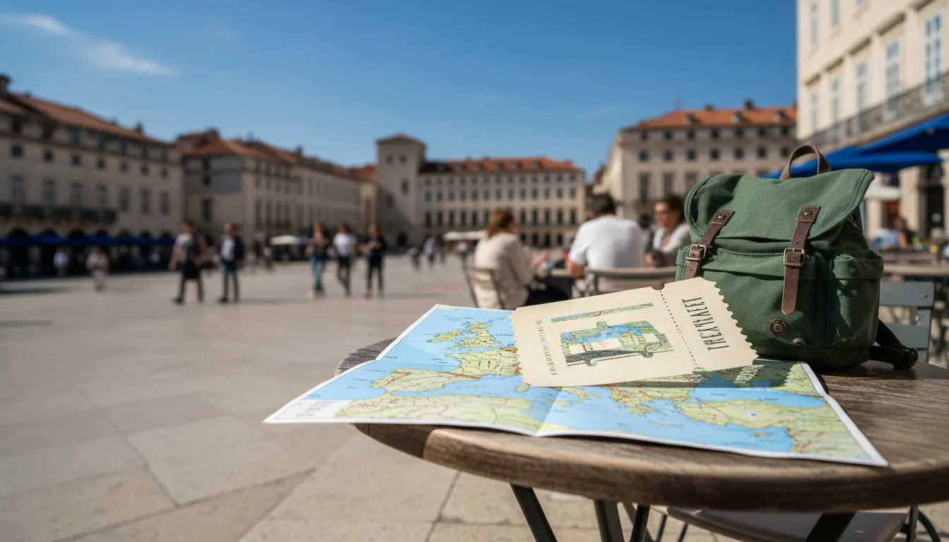 Mapa y mochila en la mesa de un café europeo